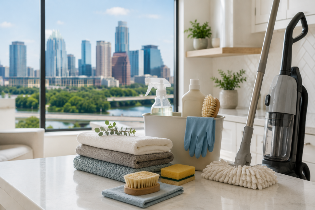 Modern cleaning supplies and vacuum in a bright apartment with Austin, Texas skyline view