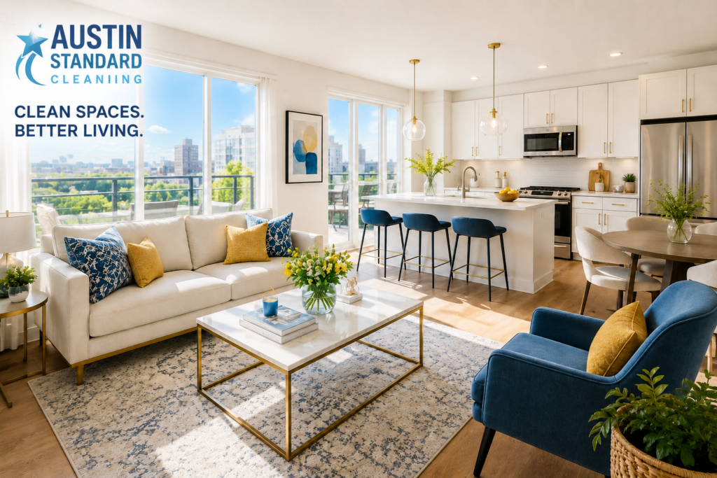 Bright modern living room and kitchen interior for Austin standard cleaning service with large windows and clean organized space