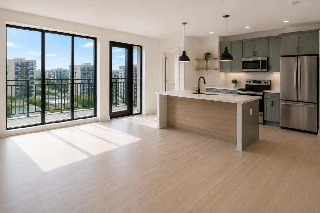 Empty modern apartment after move out cleaning service in Austin TX with clean kitchen and floors